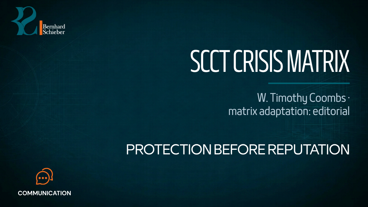 SCCT-Based Crisis Assessment Matrix — Protection before reputation. Executive Insight Brief 185 by Bernhard Schieber.