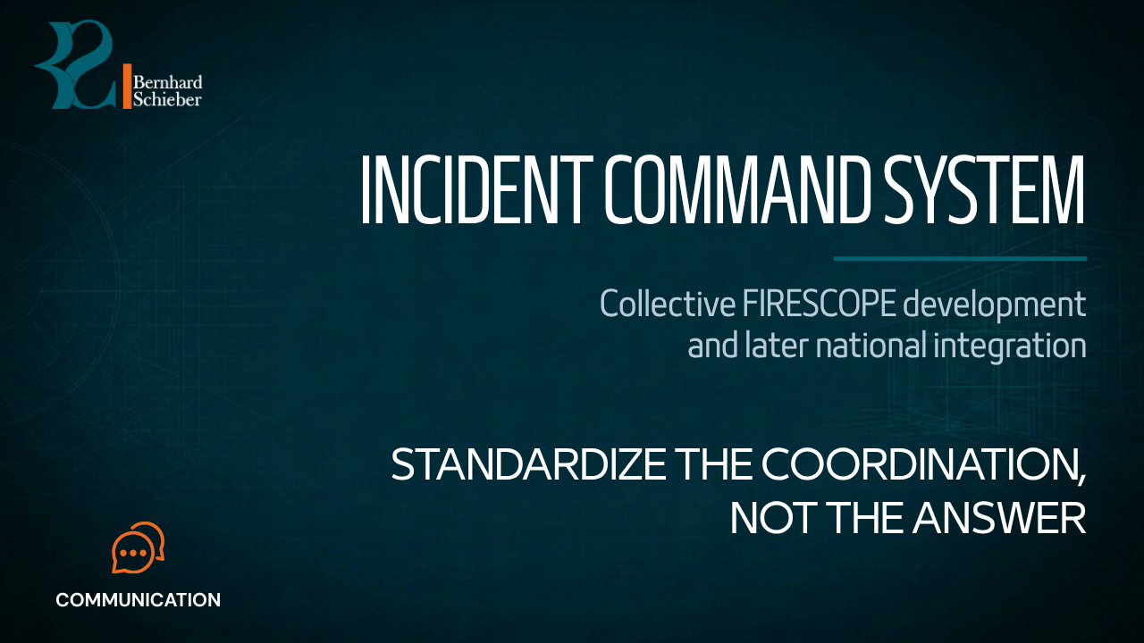 Incident Command System — Standardize the coordination, not the answer. Executive Insight Brief 105 by Bernhard Schieber.
