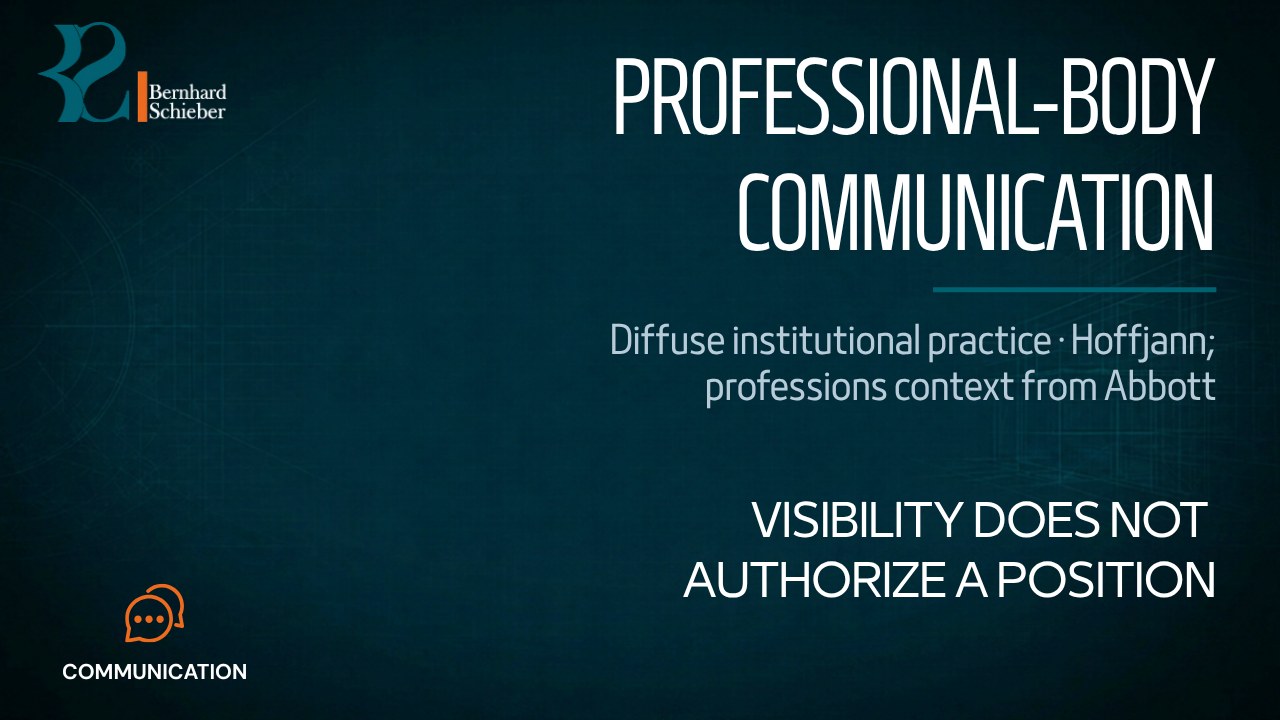 Professional-Body Communication / Kammerkommunikation — Visibility does not authorize a position. Executive Insight Brief 455 by Bernhard Schieber.
