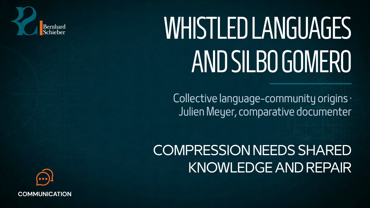 Whistled Languages and Silbo Gomero — Compression needs shared knowledge and repair. Executive Insight Brief 320 by Bernhard Schieber.