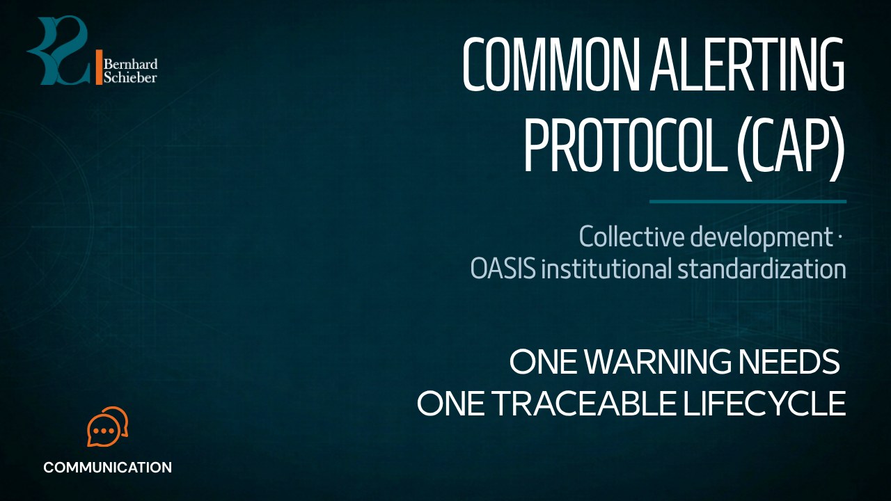 Common Alerting Protocol — One warning needs one traceable lifecycle. Executive Insight Brief 409 by Bernhard Schieber.
