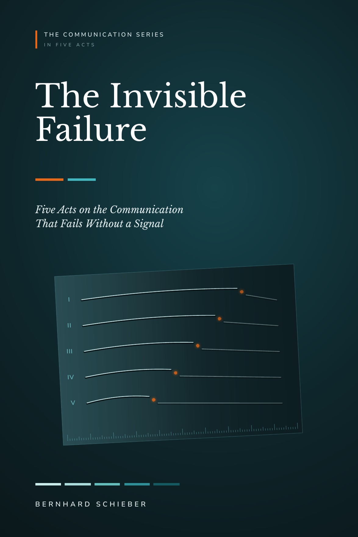Front cover of The Invisible Failure by Bernhard Schieber: five numbered arcs on a sheet of paper, each breaking at an orange mark, on a dark teal background.